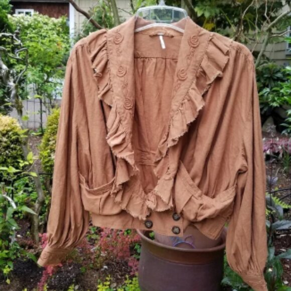Free People Ruffled Jacket Linen Blend Embroidery Bishop Sleeves Ginger Sm NWOT - Picture 1 of 8